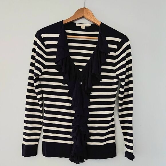 Boston Proper navy and cream striped cardigan sweater women's size Medium - Picture 1 of 6